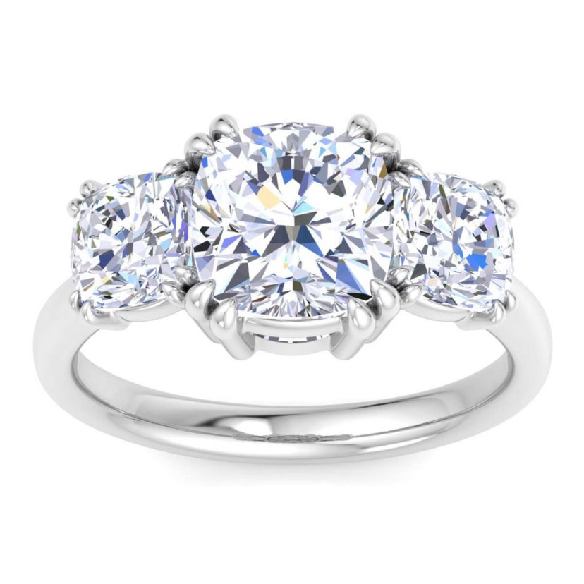 Lab Created 5 Carat Cushion Cut Lab Grown Diamond Three Stone Engagement Ring Available in 14K White and Yellow Gold