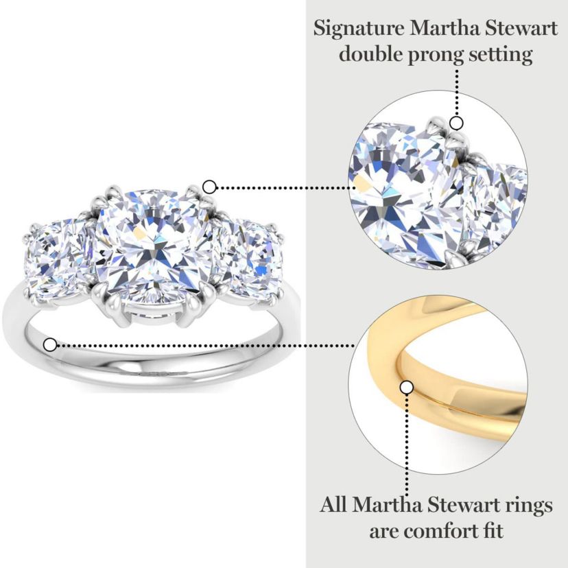 Lab Created 5 Carat Cushion Cut Lab Grown Diamond Three Stone Engagement Ring Available in 14K White and Yellow Gold