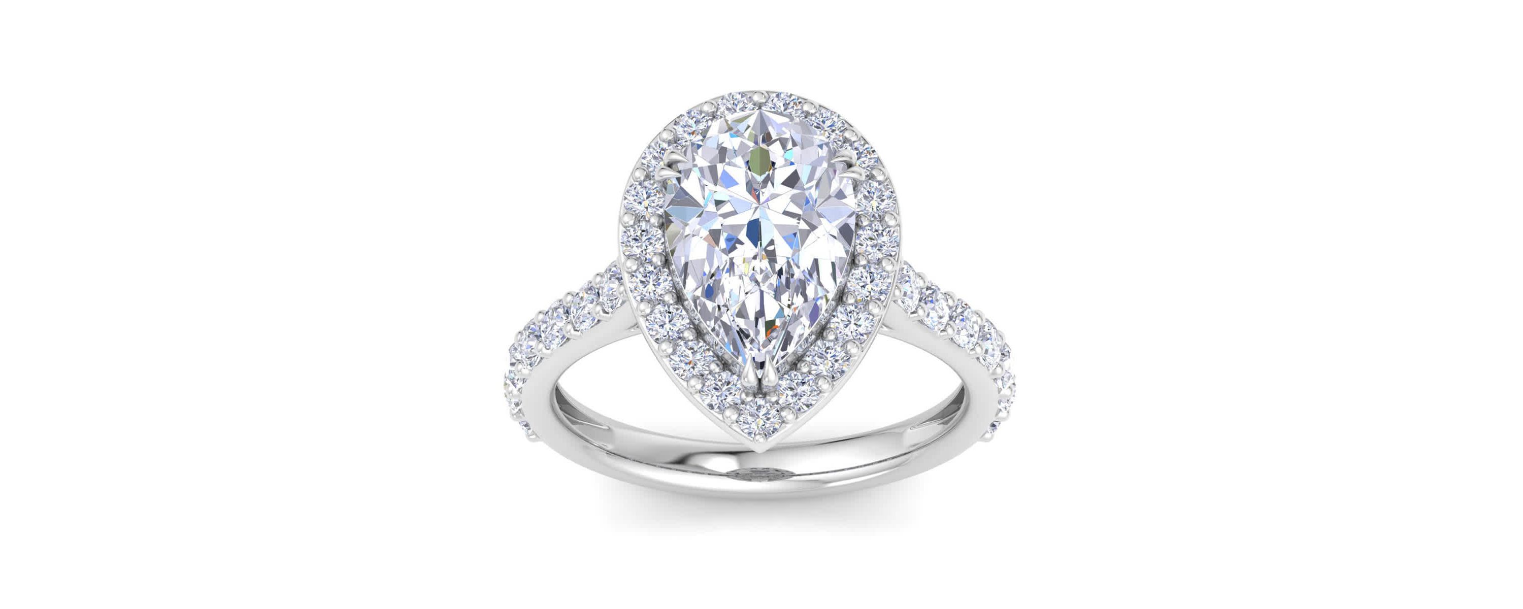 Lab Created 4 Carat Pear Shape Lab Grown Diamond Halo Engagement Ring Available in 14K White and Yellow Gold