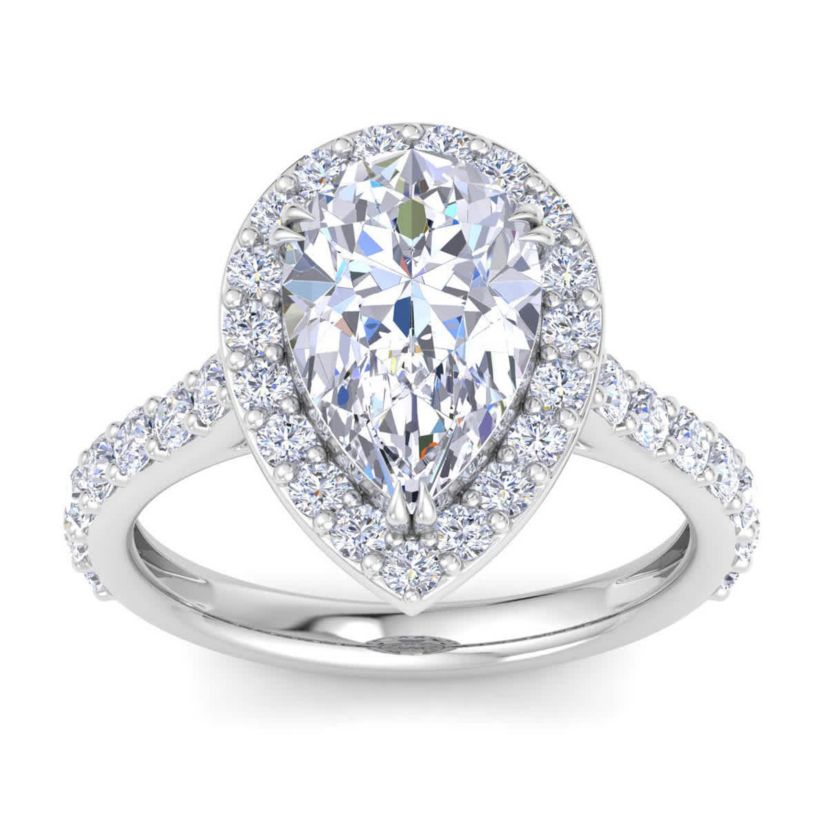 Lab Created 4 Carat Pear Shape Lab Grown Diamond Halo Engagement Ring Available in 14K White and Yellow Gold