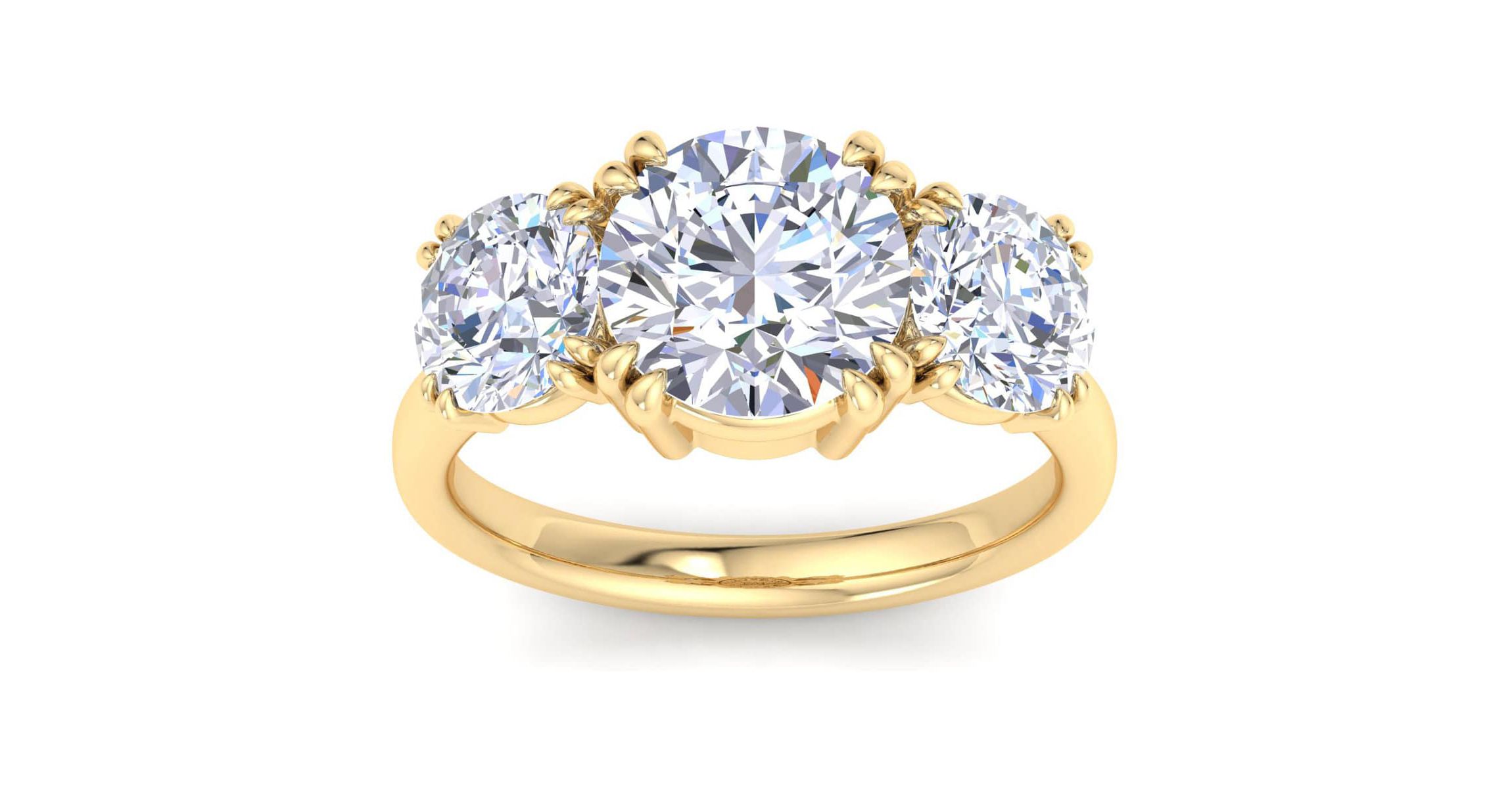 Lab Created 5 Carat Round Lab Grown Diamond Three Stone Engagement Ring Available in 14K White and Yellow Gold