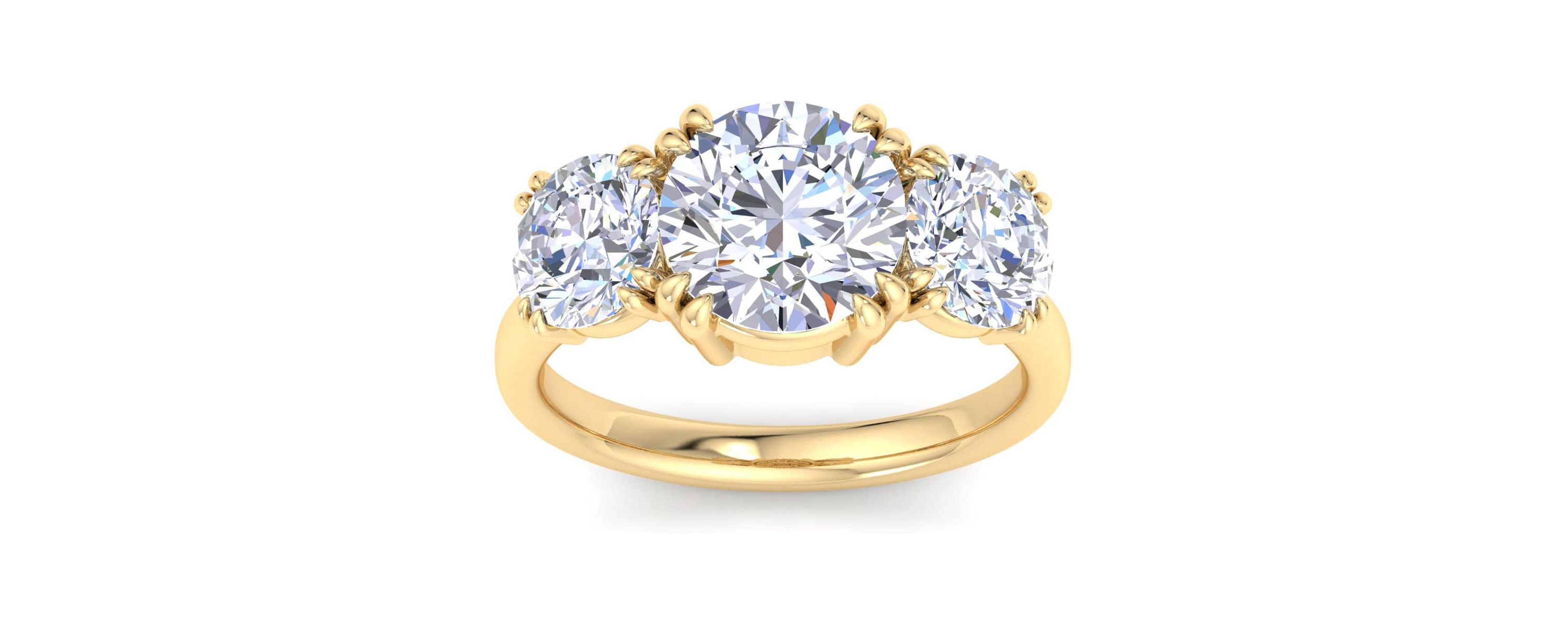 Lab Created 5 Carat Round Lab Grown Diamond Three Stone Engagement Ring Available in 14K White and Yellow Gold