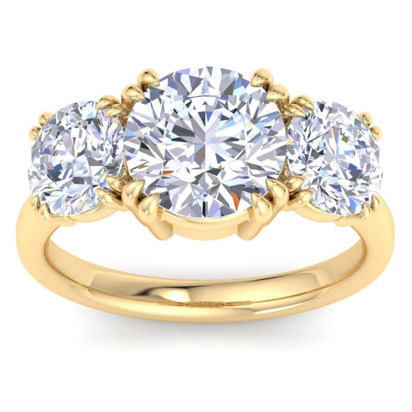 Lab Created 5 Carat Round Lab Grown Diamond Three Stone Engagement Ring Available in 14K White and Yellow Gold