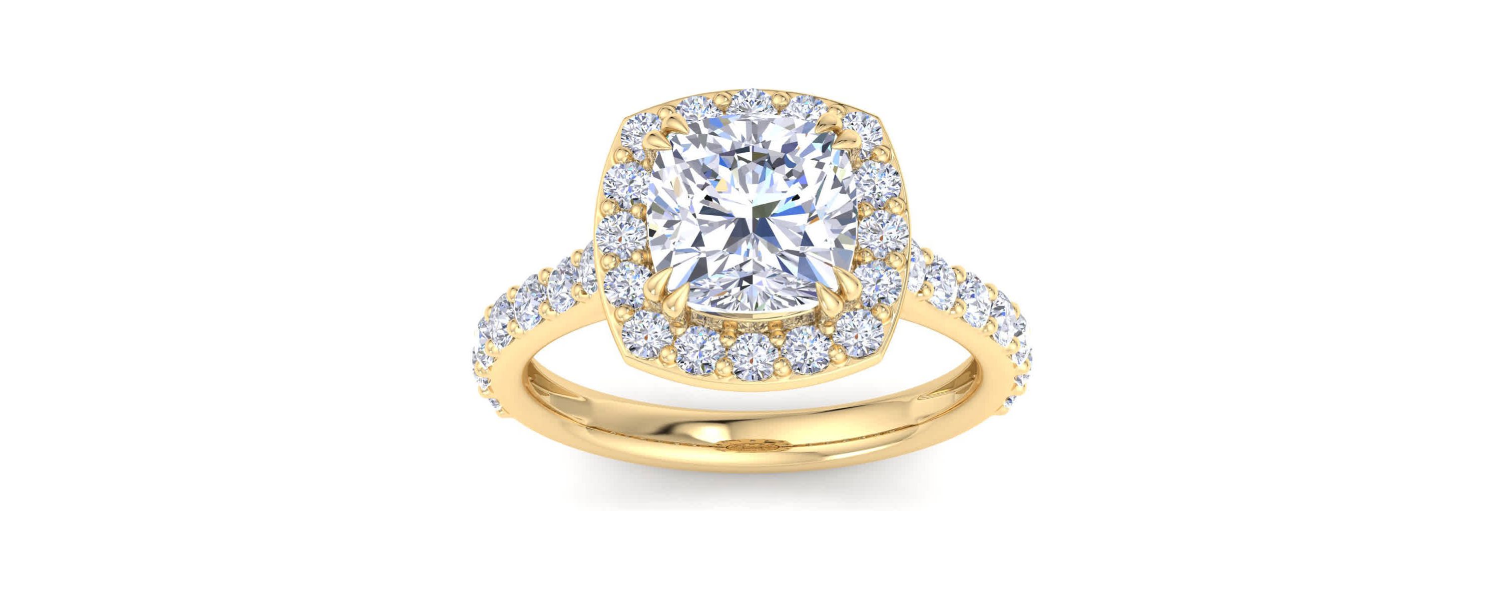 Lab Created 4 Carat Cushion Cut Lab Grown Diamond Halo Engagement Ring Available in 14K White and Yellow Gold