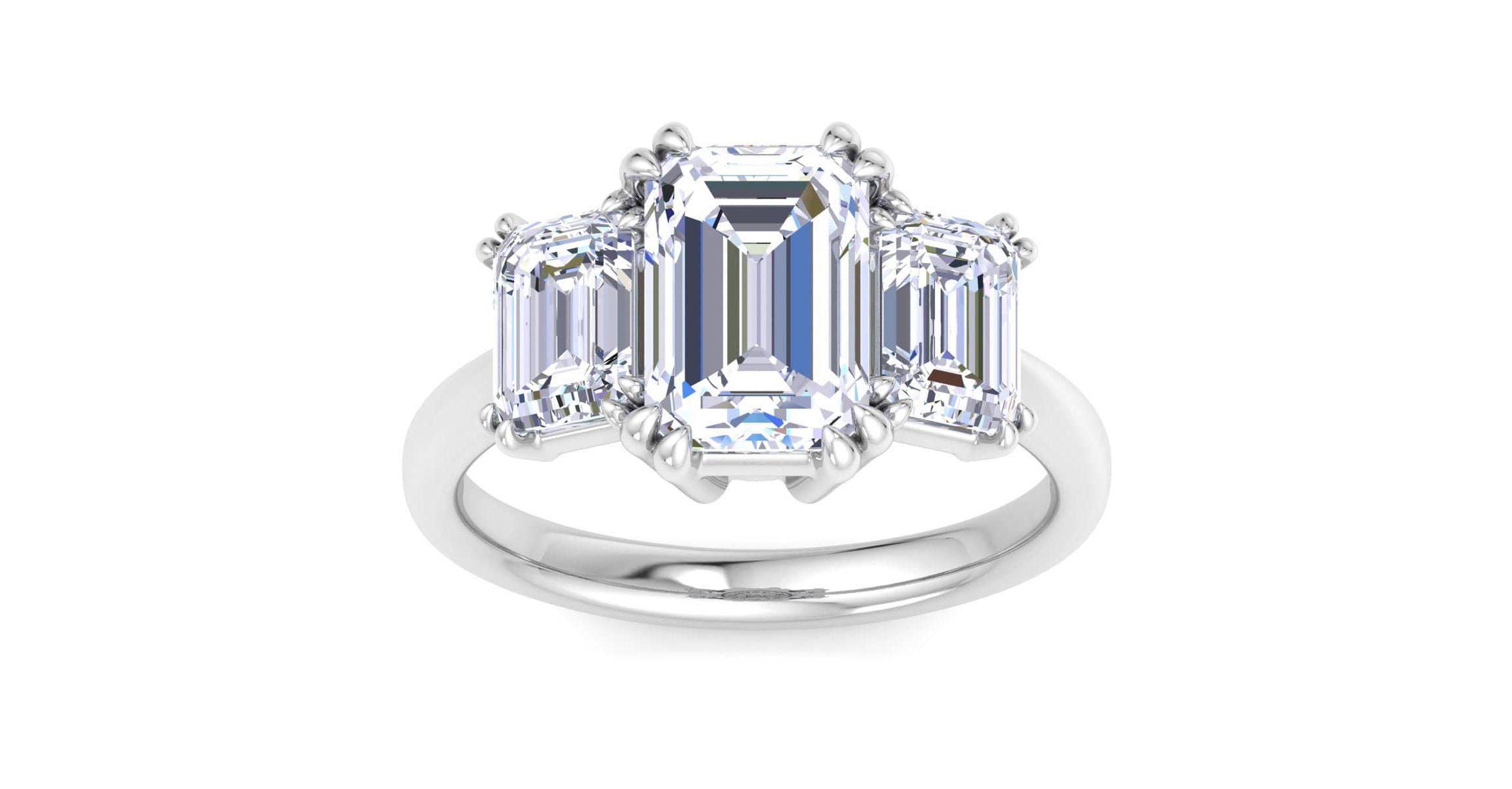 Lab Created 5 Carat Emerald Cut Lab Grown Diamond Three Stone Engagement Ring Available in 14K White and Yellow Gold
