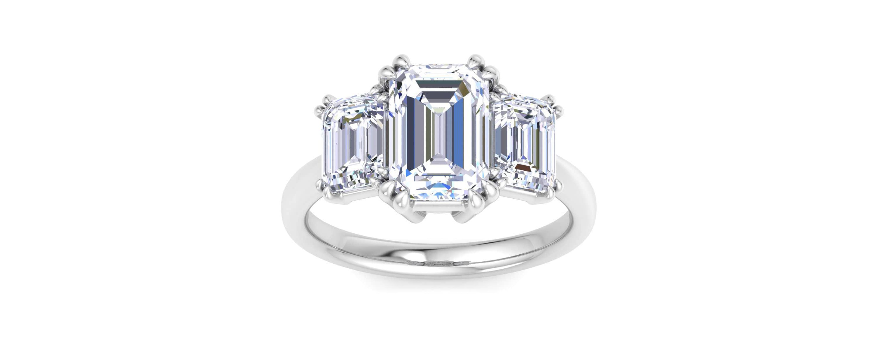 Lab Created 5 Carat Emerald Cut Lab Grown Diamond Three Stone Engagement Ring Available in 14K White and Yellow Gold