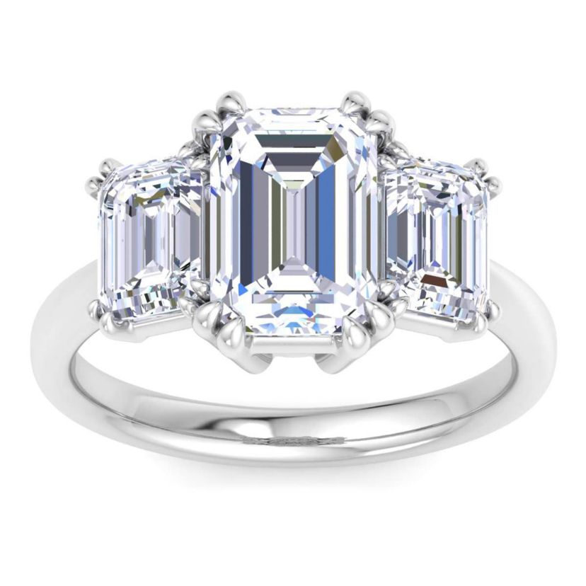 Lab Created 5 Carat Emerald Cut Lab Grown Diamond Three Stone Engagement Ring Available in 14K White and Yellow Gold