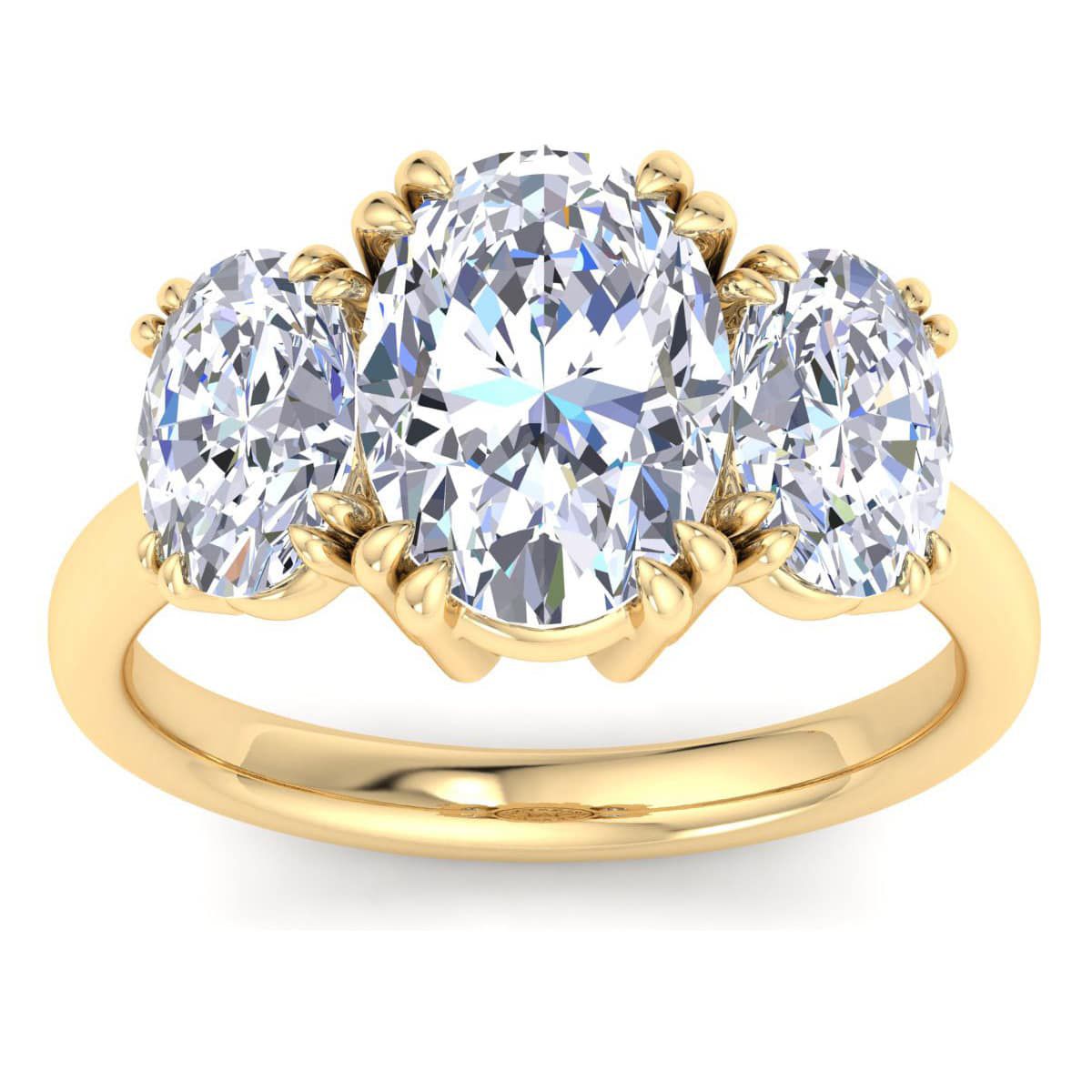 Lab Created 5 Carat Oval Shape Lab Grown Diamond Three Stone Engagement Ring Available in 14K White and Yellow Gold