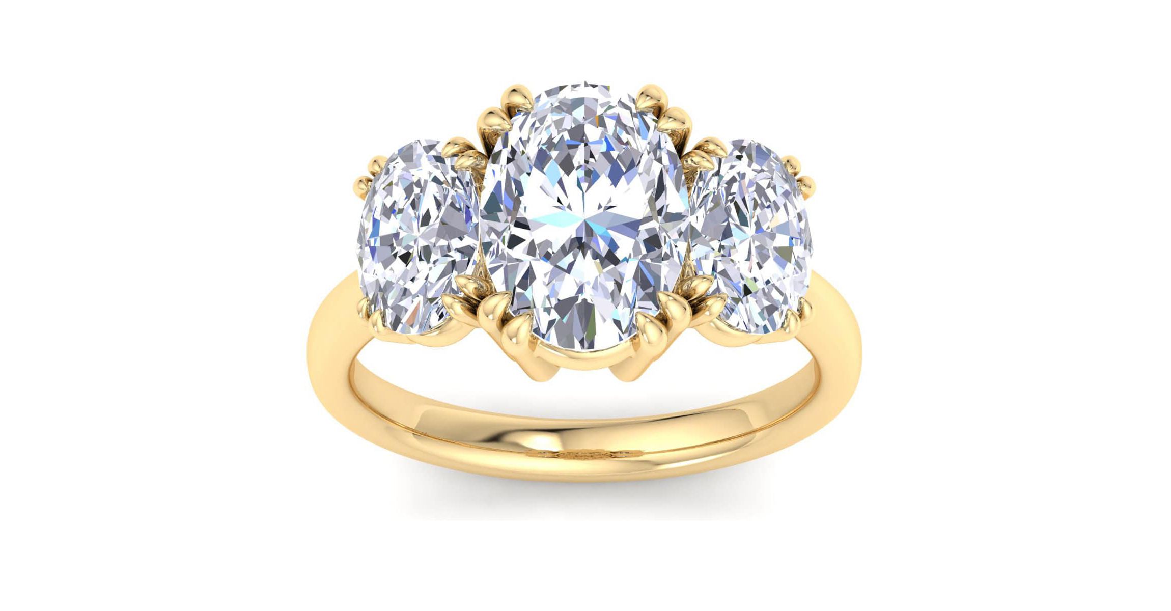 Lab Created 5 Carat Oval Shape Lab Grown Diamond Three Stone Engagement Ring Available in 14K White and Yellow Gold