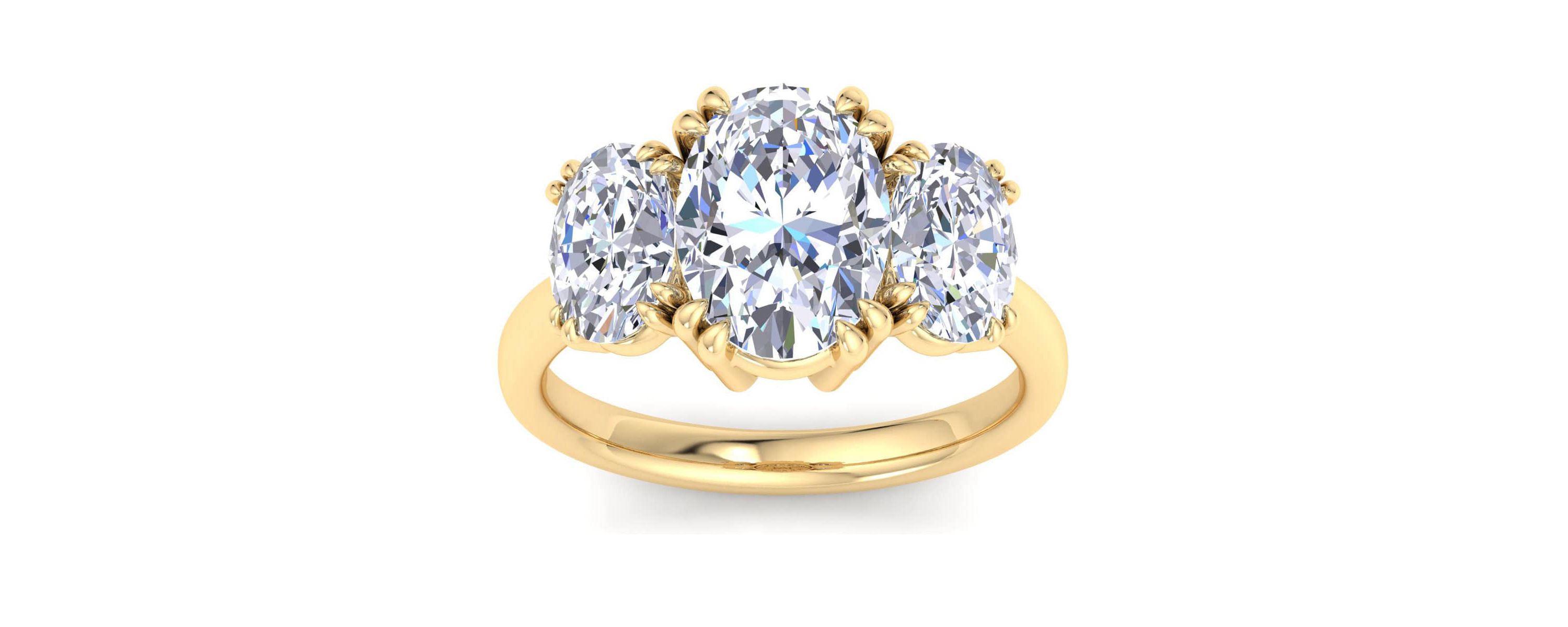 Lab Created 5 Carat Oval Shape Lab Grown Diamond Three Stone Engagement Ring Available in 14K White and Yellow Gold