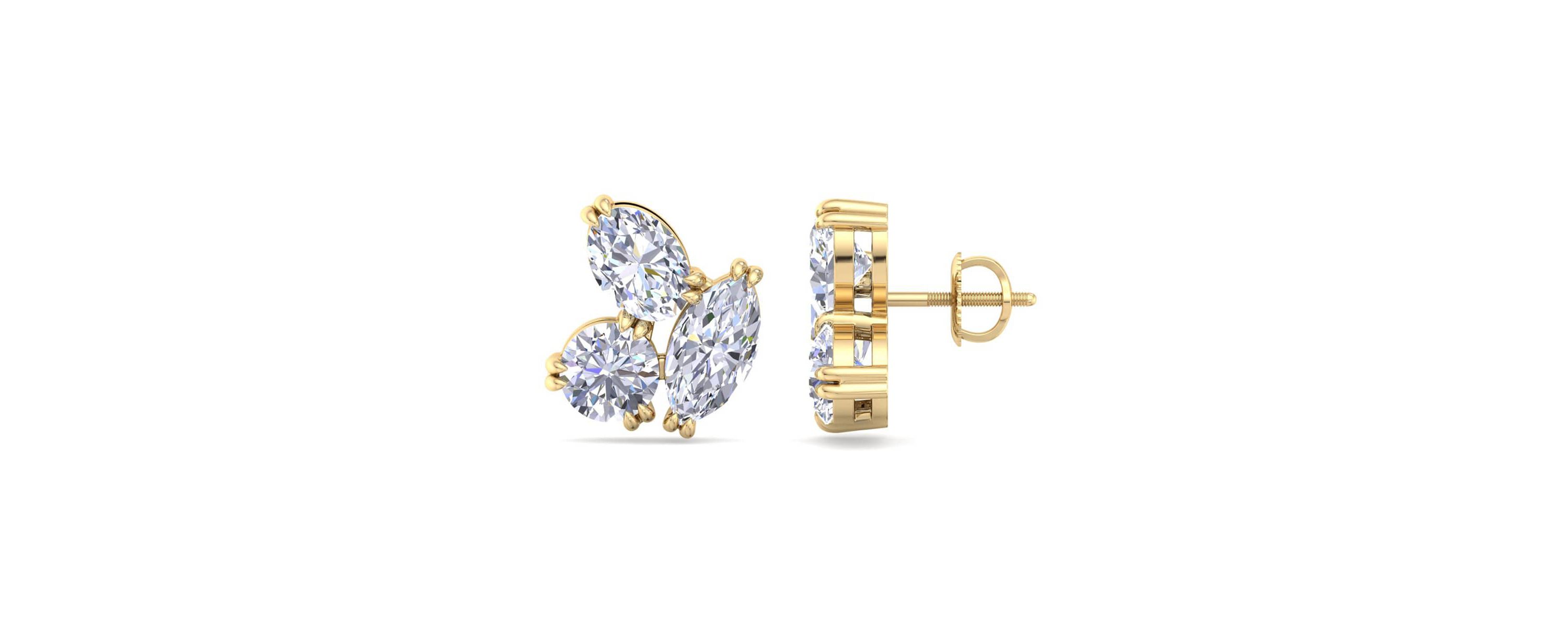 Lab Created 3 Carat Lab Grown Diamond Cluster Stud Earrings Available In 14 Karat White Or Yellow Gold, Marquise-Round-Oval