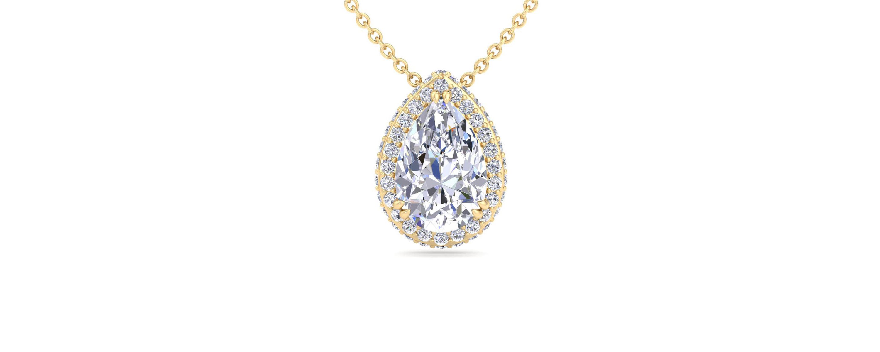 Lab Created 2 1/4 Carat Pear Shape Lab Grown Diamond Halo Necklace Available In 14K White and Yellow Gold