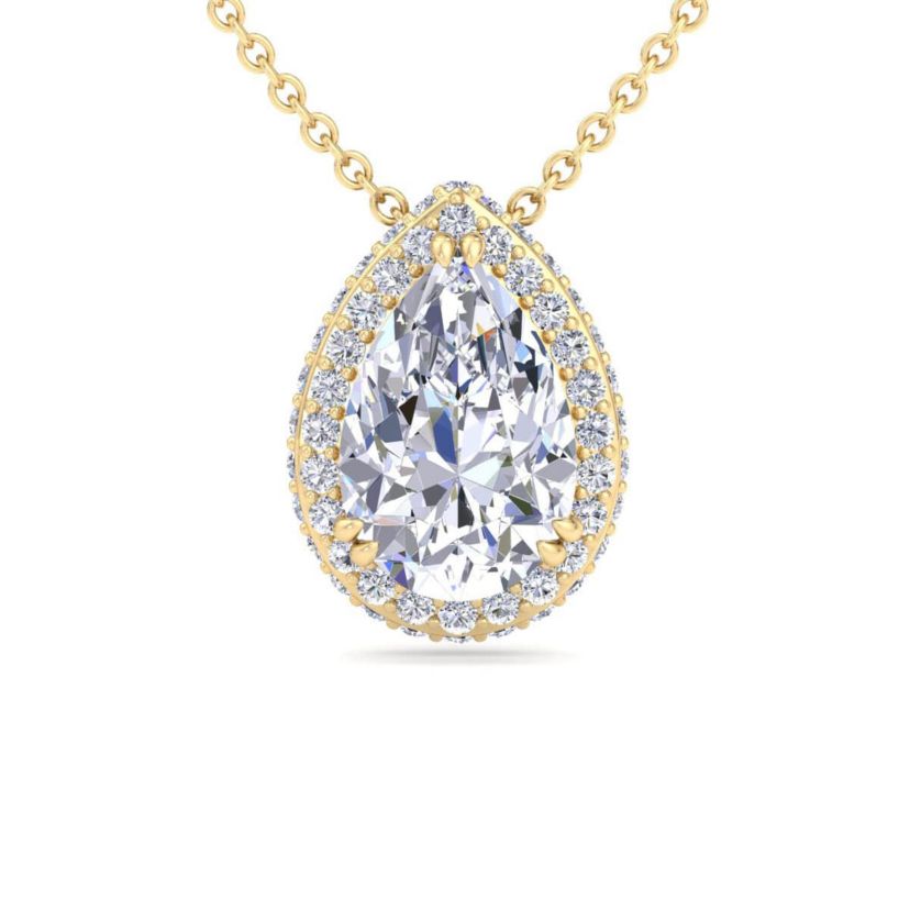 Lab Created 2 1/4 Carat Pear Shape Lab Grown Diamond Halo Necklace Available In 14K White and Yellow Gold