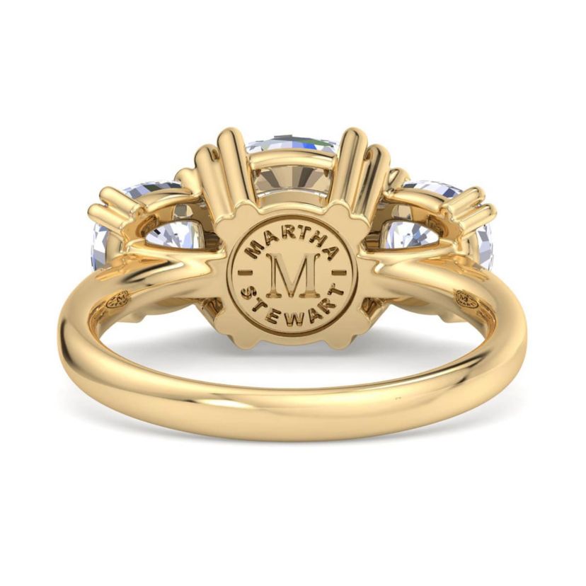 Lab Created 5 Carat Cushion Cut Lab Grown Diamond Three Stone Engagement Ring Available in 14K White and Yellow Gold