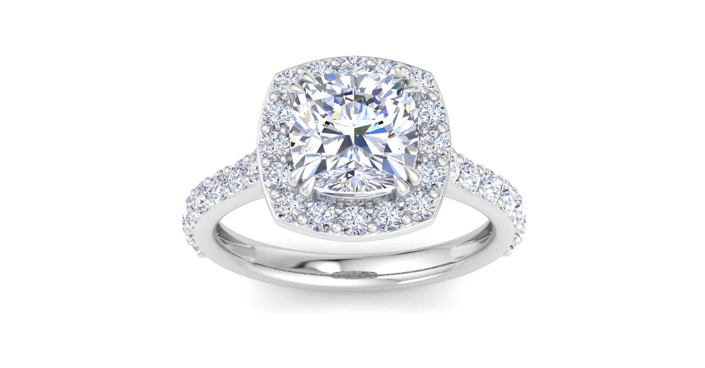 Lab Created 4 Carat Cushion Cut Lab Grown Diamond Halo Engagement Ring Available in 14K White and Yellow Gold