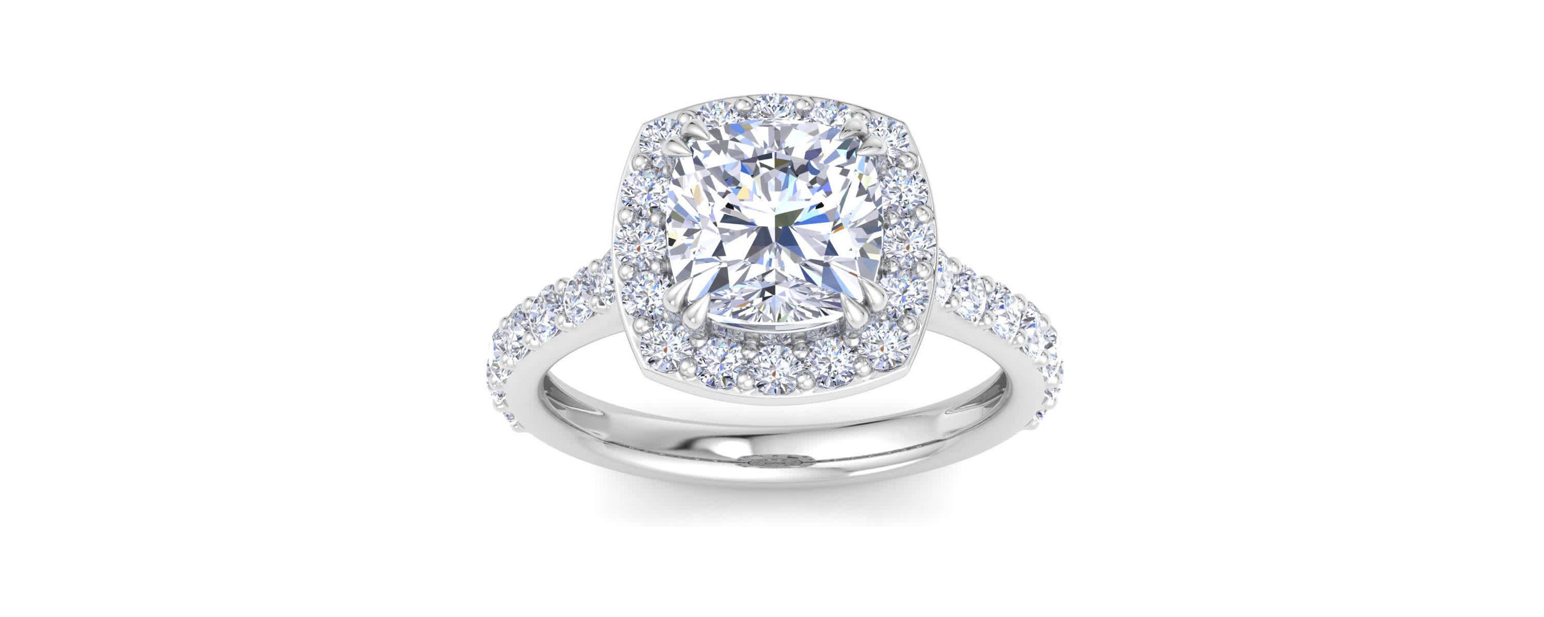 Lab Created 4 Carat Cushion Cut Lab Grown Diamond Halo Engagement Ring Available in 14K White and Yellow Gold