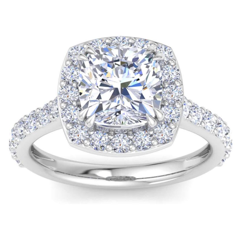 Lab Created 4 Carat Cushion Cut Lab Grown Diamond Halo Engagement Ring Available in 14K White and Yellow Gold