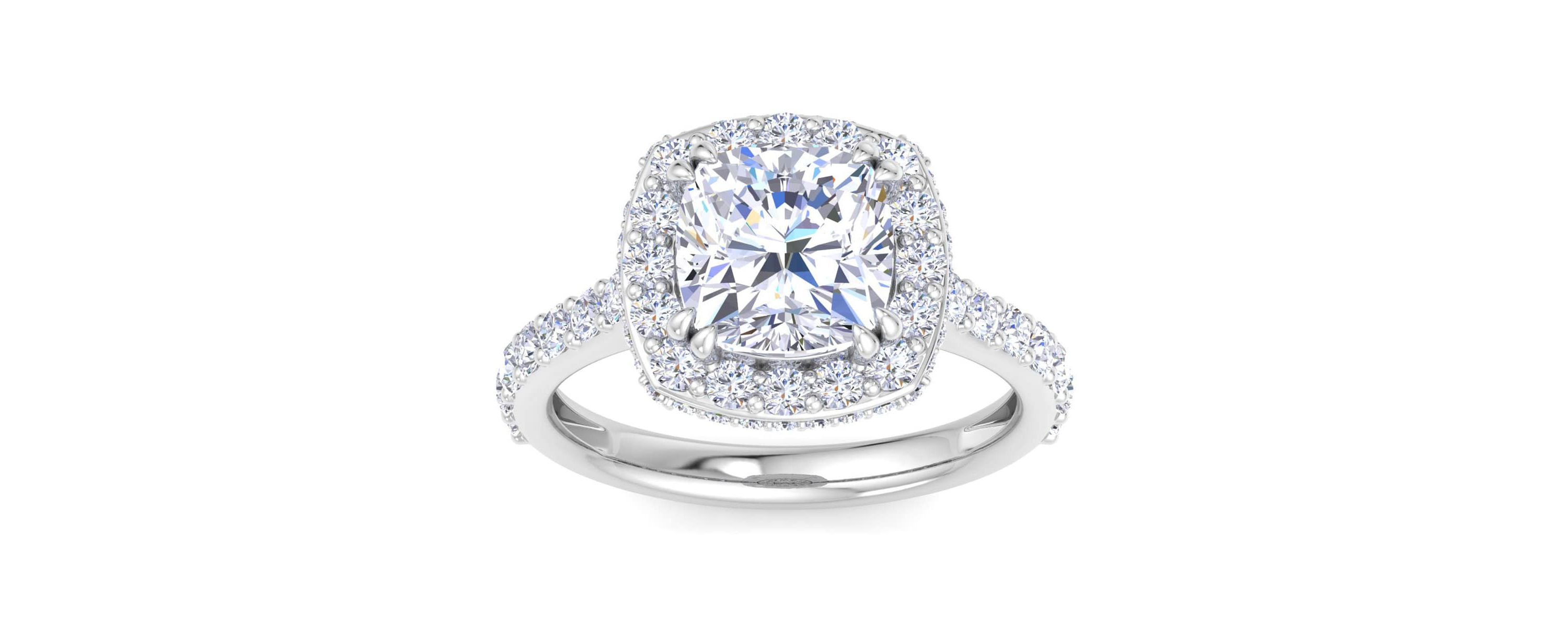 Lab Created 4 Carat Cushion Cut Lab Grown Diamond Hidden Halo Engagement Ring Available in 14K White and Yellow Gold