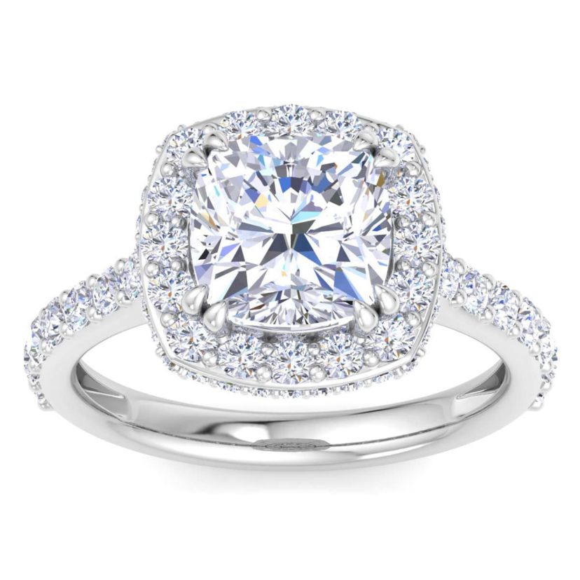 Lab Created 4 Carat Cushion Cut Lab Grown Diamond Hidden Halo Engagement Ring Available in 14K White and Yellow Gold