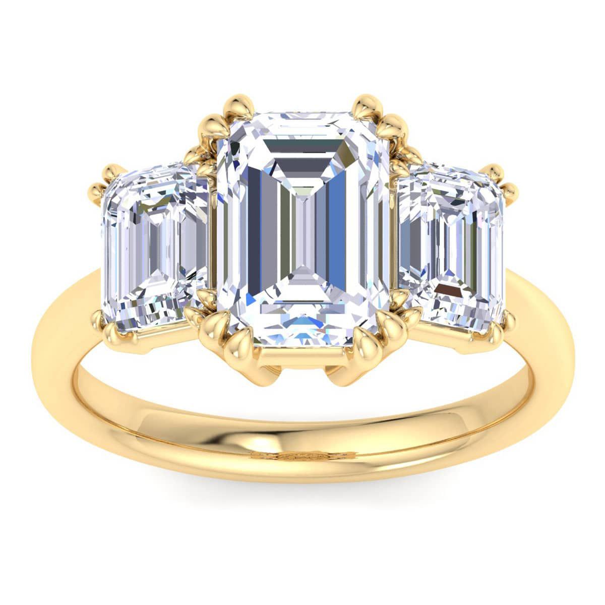 Lab Created 5 Carat Emerald Cut Lab Grown Diamond Three Stone Engagement Ring Available in 14K White and Yellow Gold