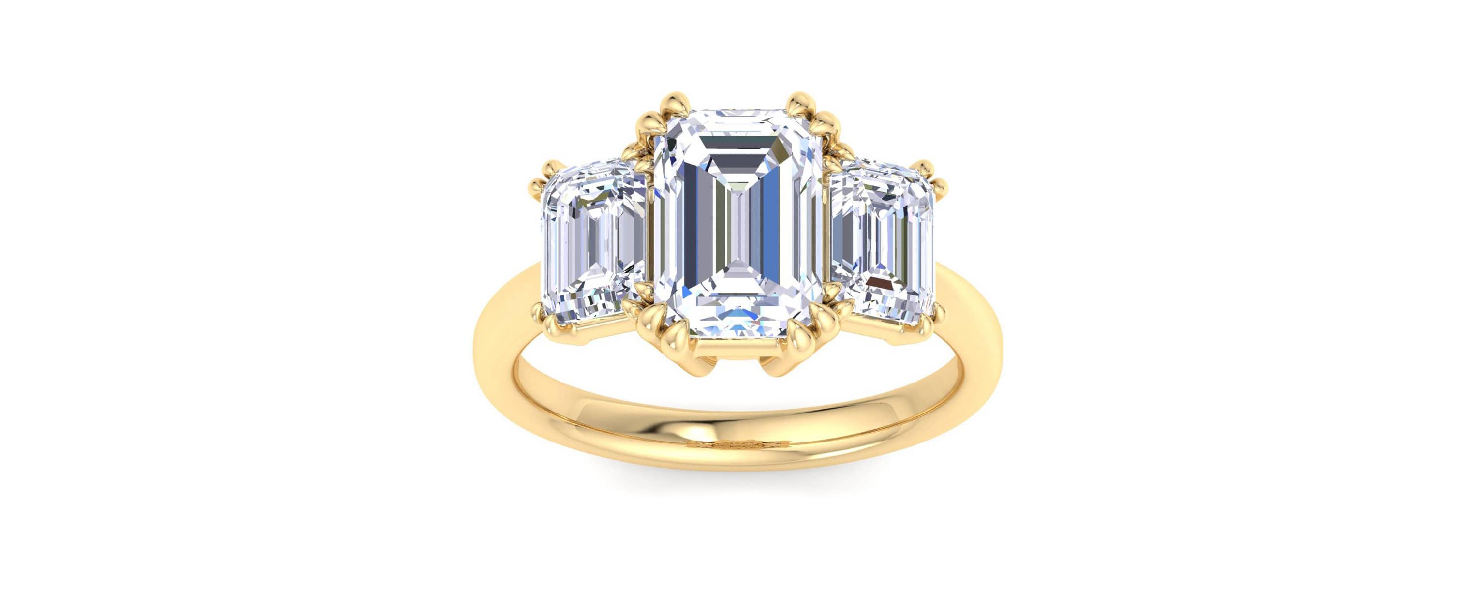 Lab Created 5 Carat Emerald Cut Lab Grown Diamond Three Stone Engagement Ring Available in 14K White and Yellow Gold