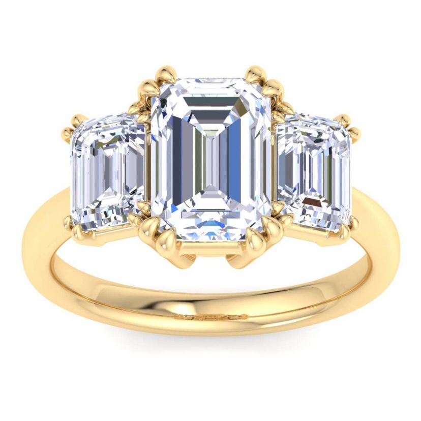 Lab Created 5 Carat Emerald Cut Lab Grown Diamond Three Stone Engagement Ring Available in 14K White and Yellow Gold