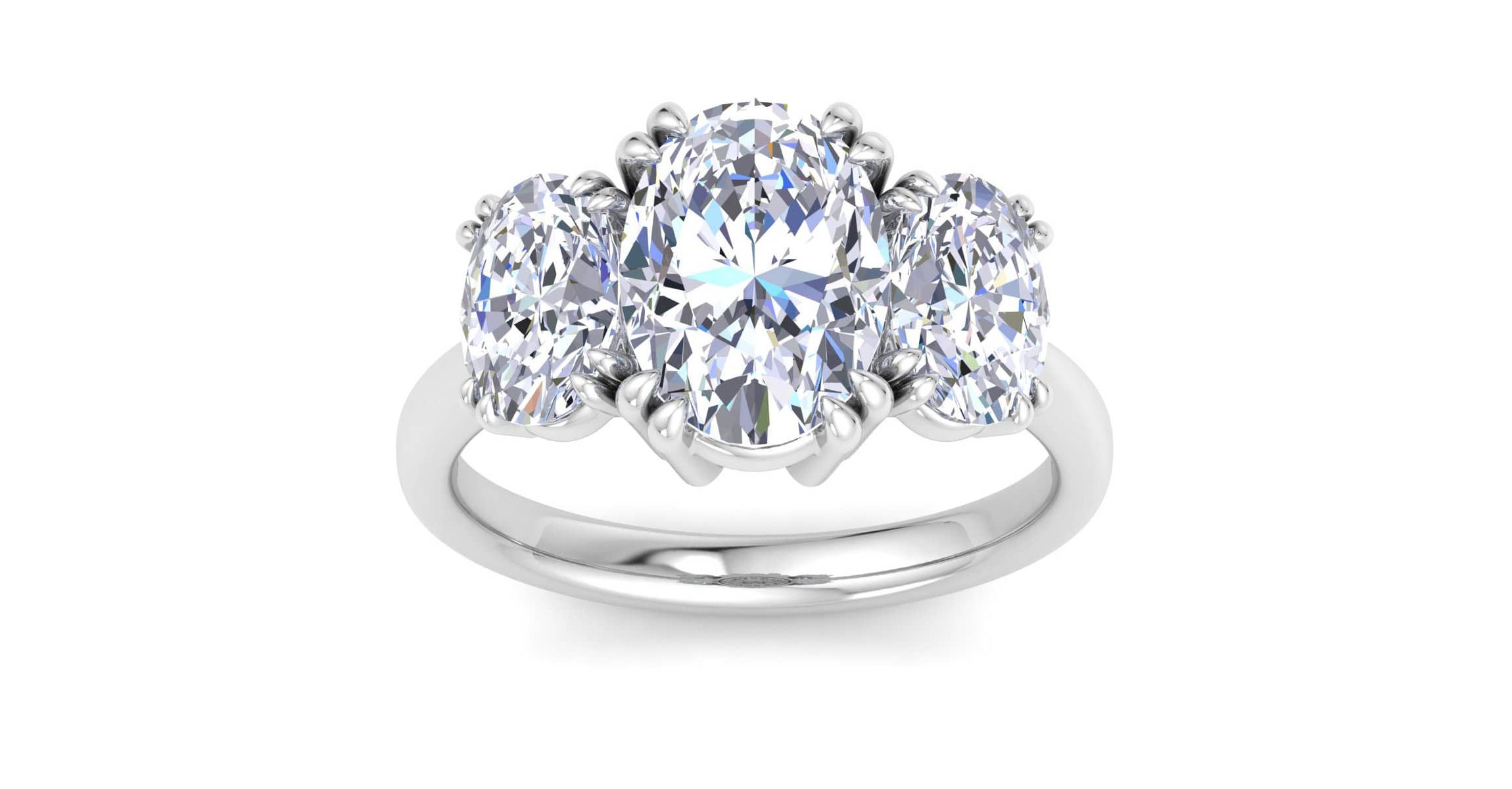 Lab Created 5 Carat Oval Shape Lab Grown Diamond Three Stone Engagement Ring Available in 14K White and Yellow Gold
