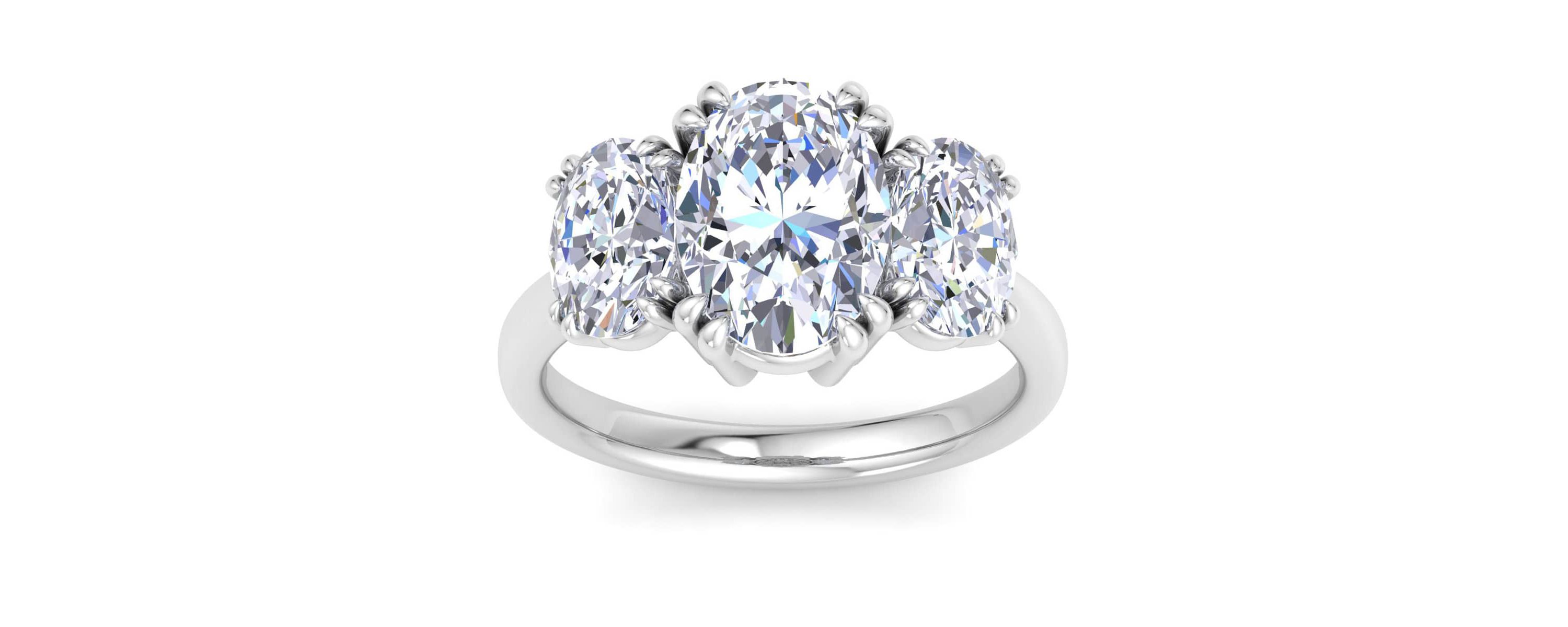 Lab Created 5 Carat Oval Shape Lab Grown Diamond Three Stone Engagement Ring Available in 14K White and Yellow Gold