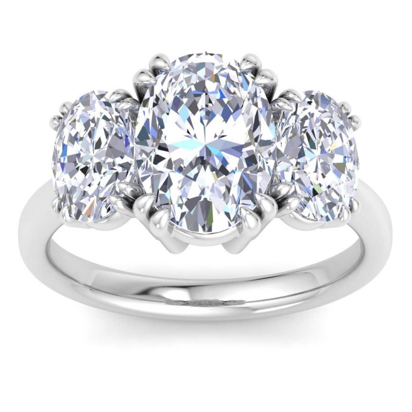 Lab Created 5 Carat Oval Shape Lab Grown Diamond Three Stone Engagement Ring Available in 14K White and Yellow Gold
