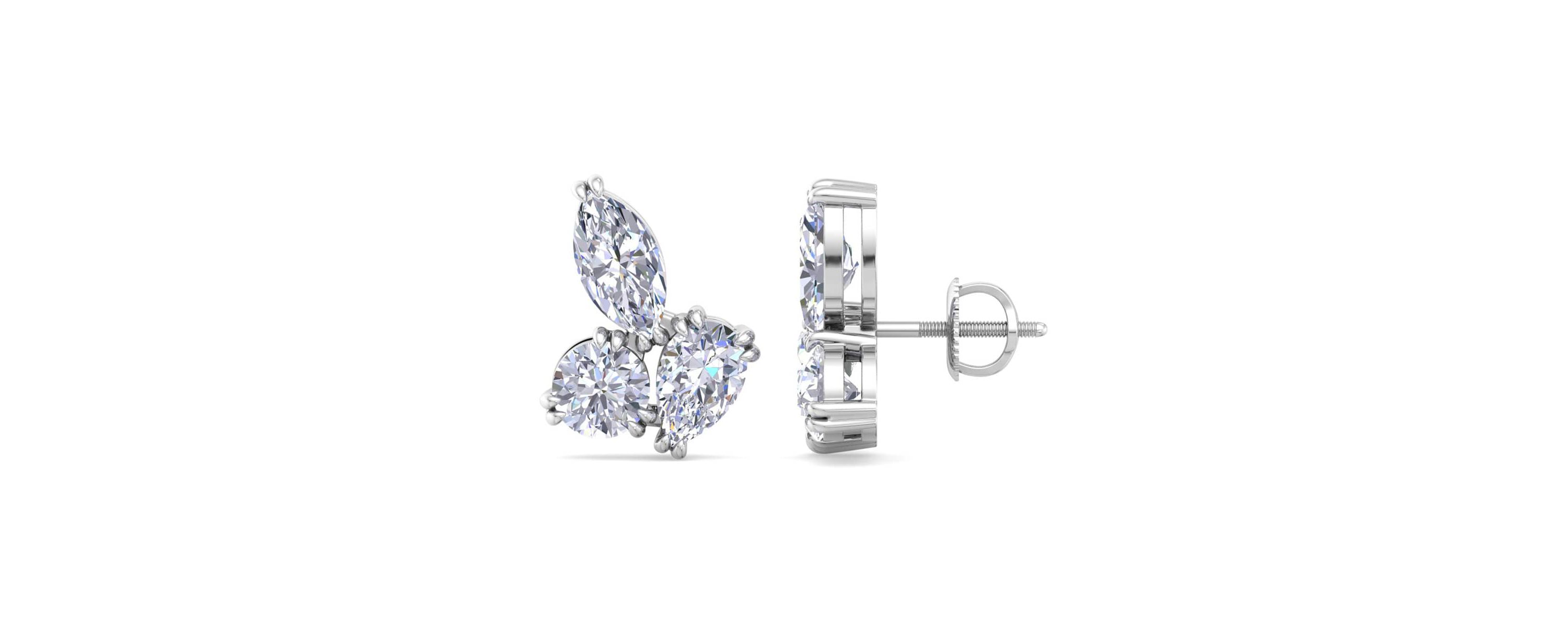 Lab Created 3 Carat Lab Grown Diamond Cluster Stud Earrings Available In 14 Karat White Or Yellow Gold, Marquise-Round-Pear