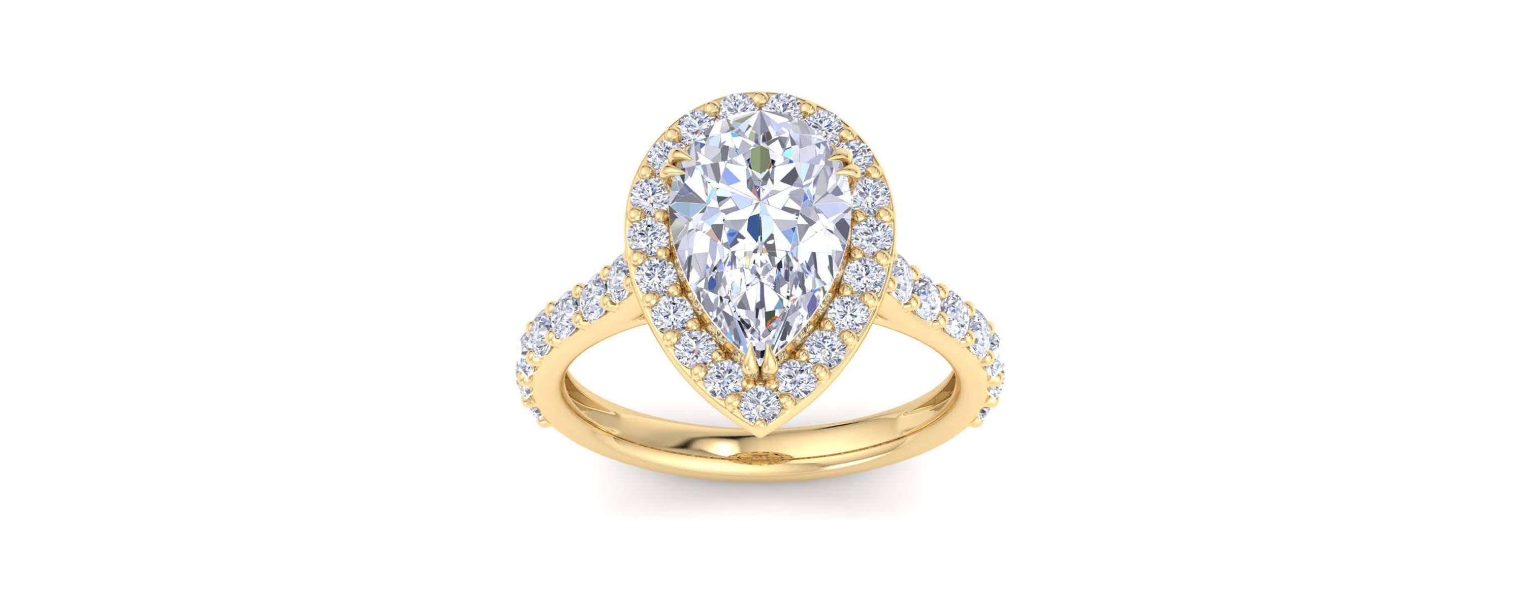 Lab Created 4 Carat Pear Shape Lab Grown Diamond Halo Engagement Ring Available in 14K White and Yellow Gold