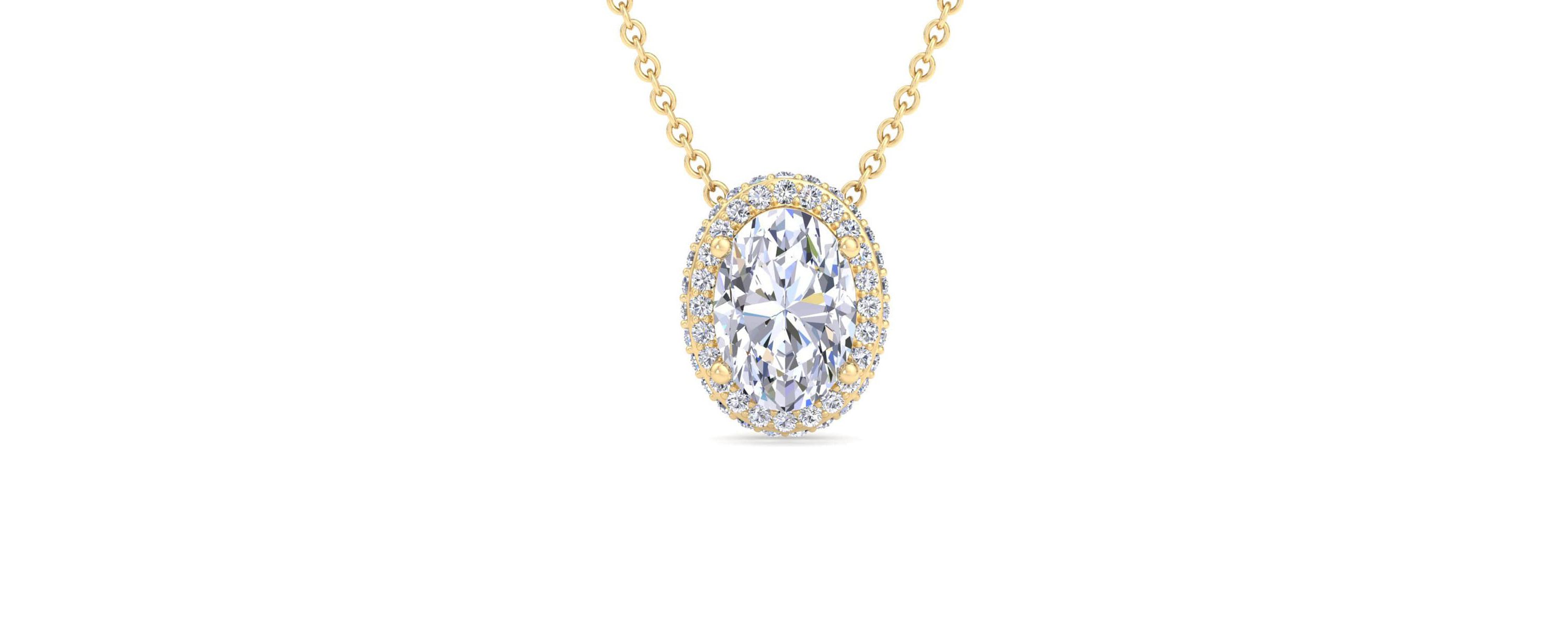 Lab Created 2 1/4 Carat Oval Shape Lab Grown Diamond Halo Necklace Available In 14K White and Yellow Gold