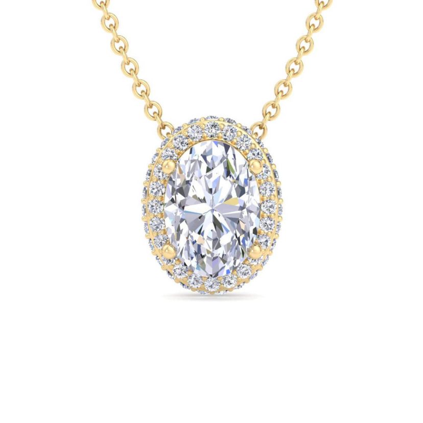 Lab Created 2 1/4 Carat Oval Shape Lab Grown Diamond Halo Necklace Available In 14K White and Yellow Gold