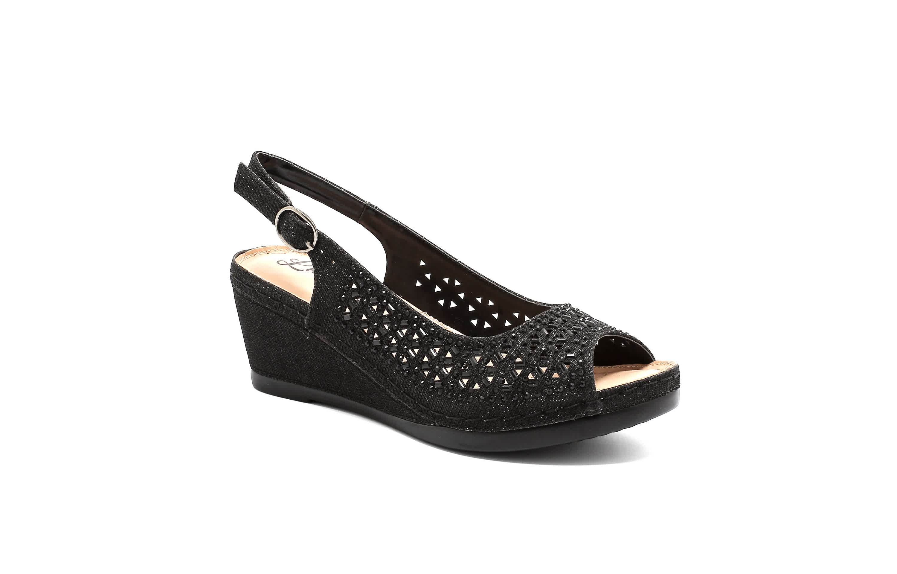 Anita, Open Toe Slingback Wedge With Metal Studs