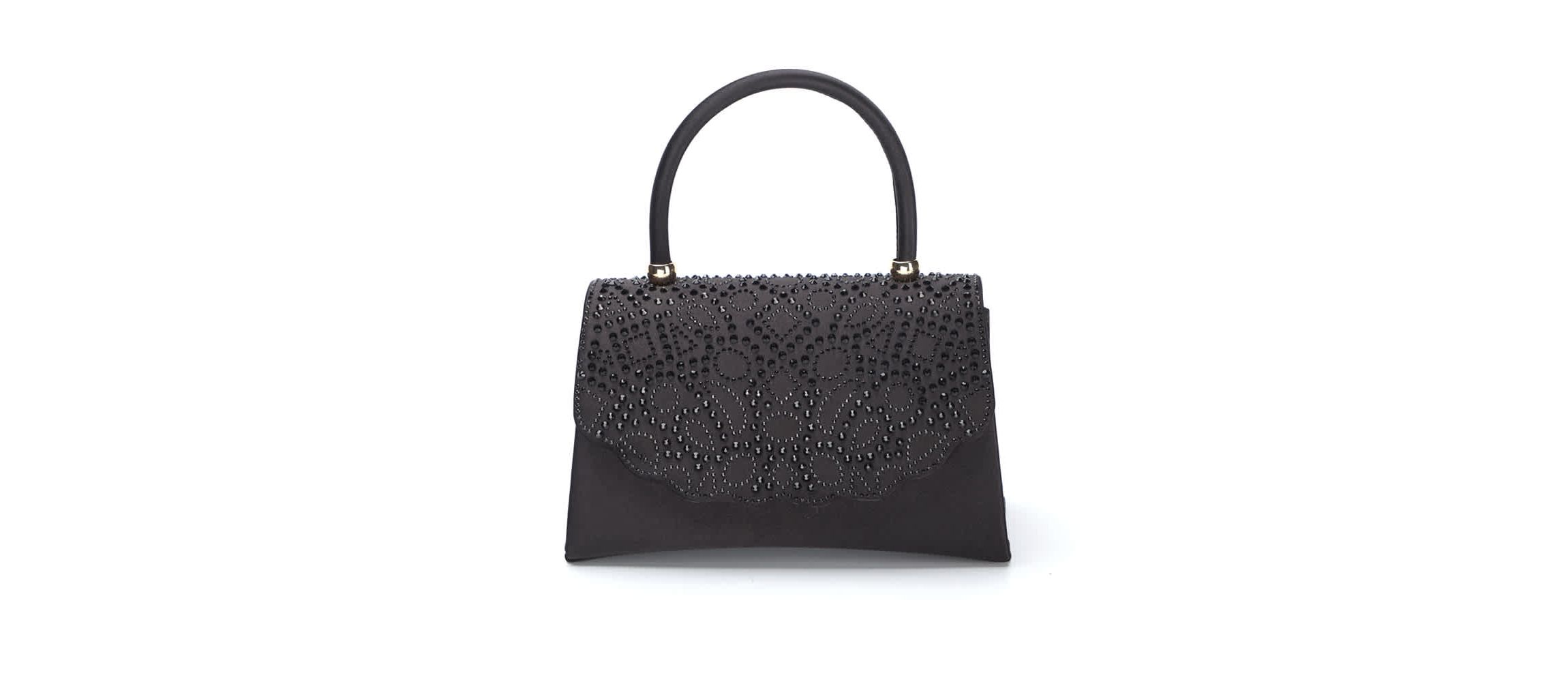 Kaite, Scallop Flap Rhinestone Satin Evening Bag