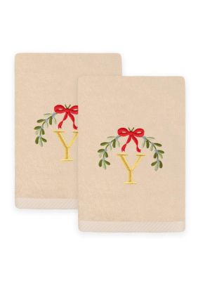 Linum Home Textiles Christmas MISTLETOE MONOGRAM Hand Towel Set of 2, Sand