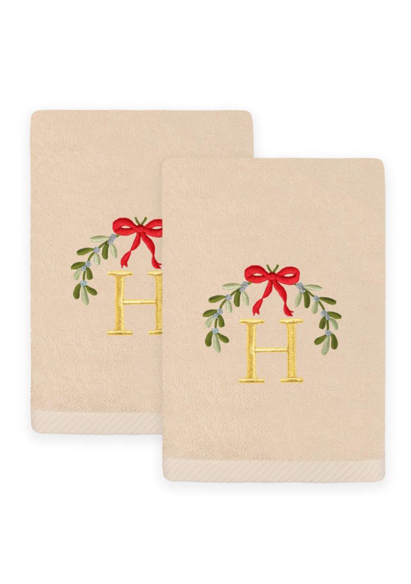 Christmas MISTLETOE MONOGRAM Hand Towels Set of 2