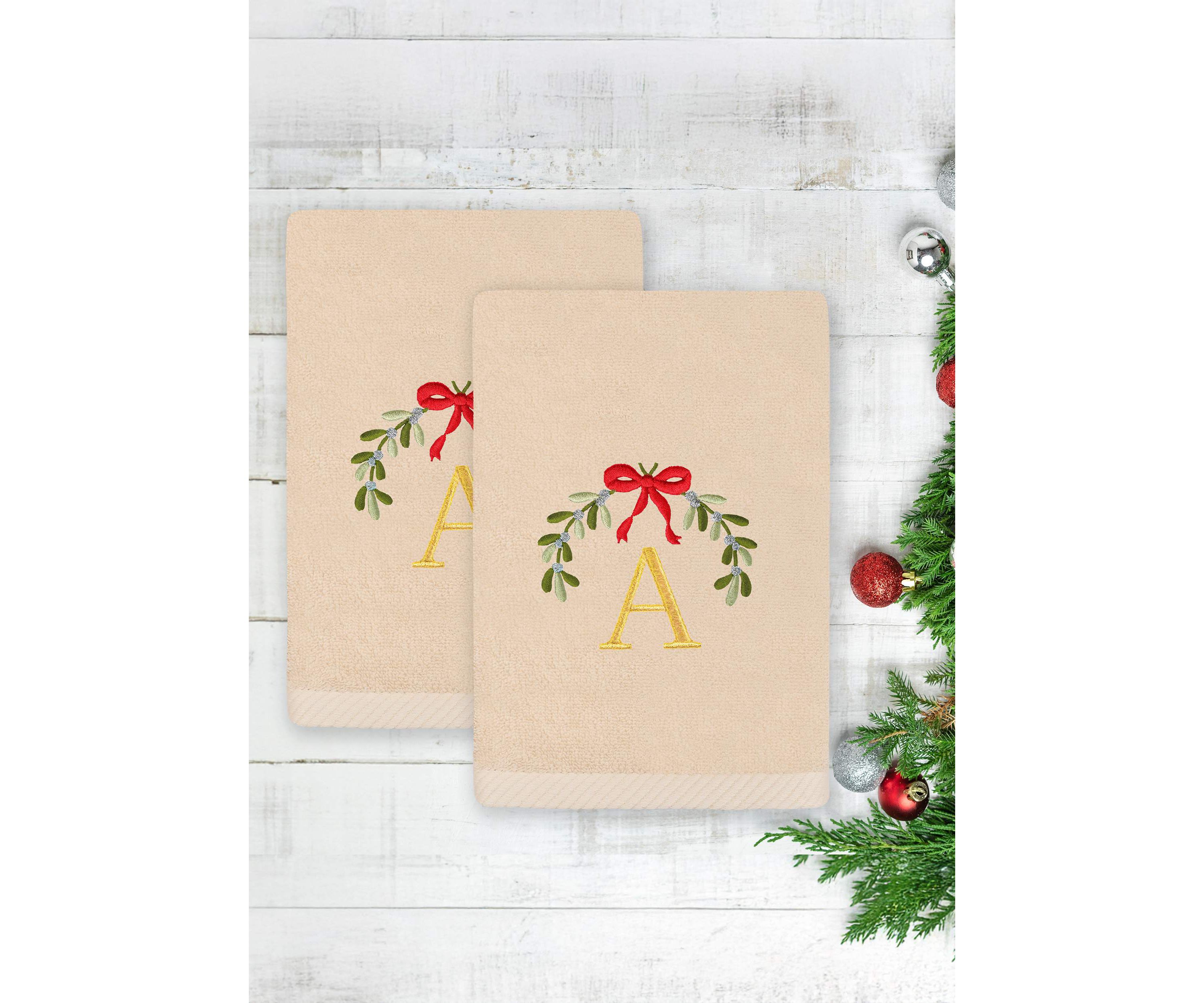 Christmas MISTLETOE MONOGRAM Sand Hand Towels Set of 2