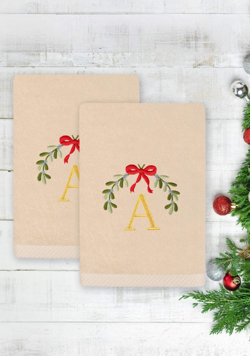 Christmas MISTLETOE MONOGRAM Sand Hand Towels Set of 2