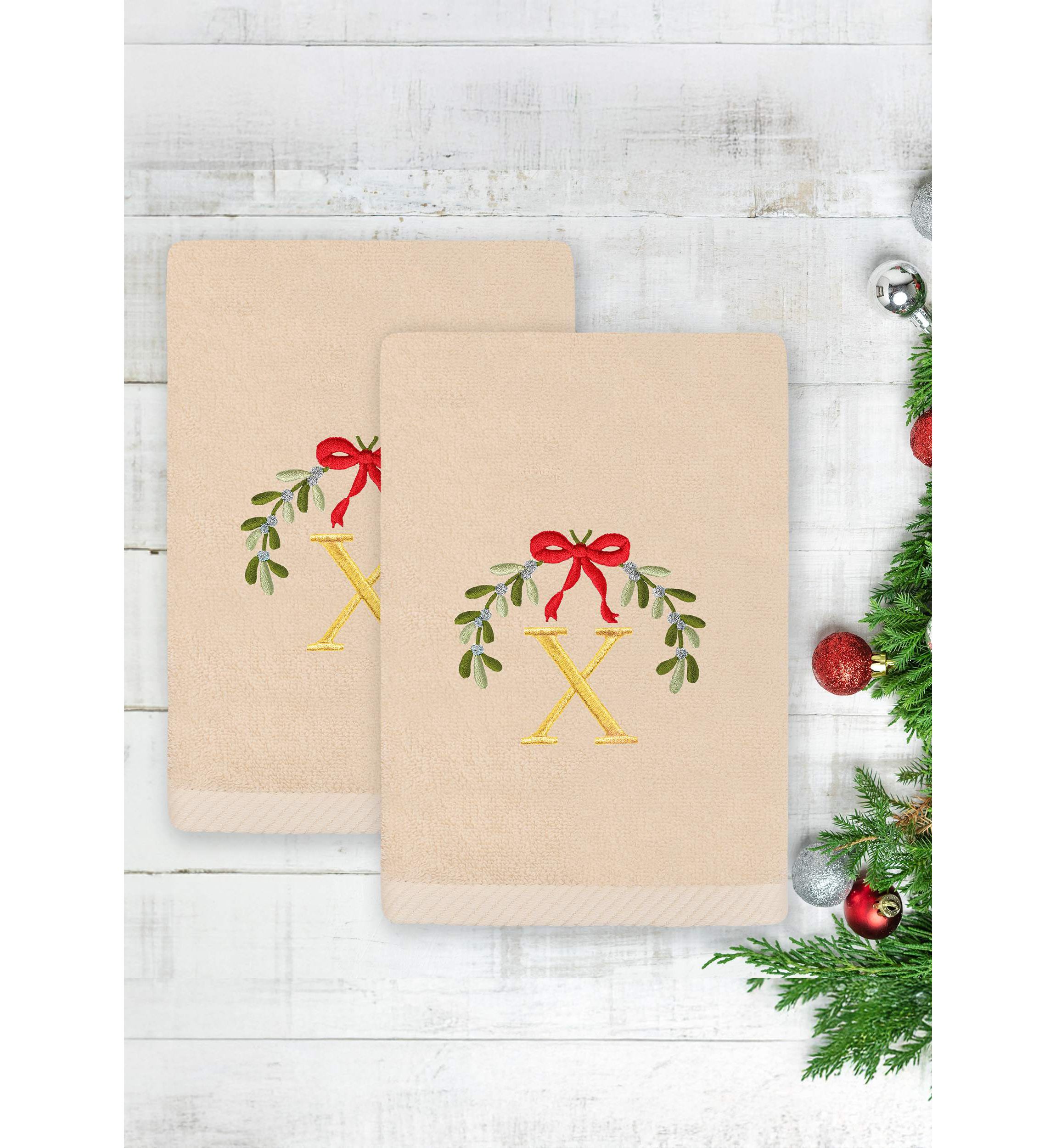 Christmas MISTLETOE MONOGRAM Hand Towel Set of 2