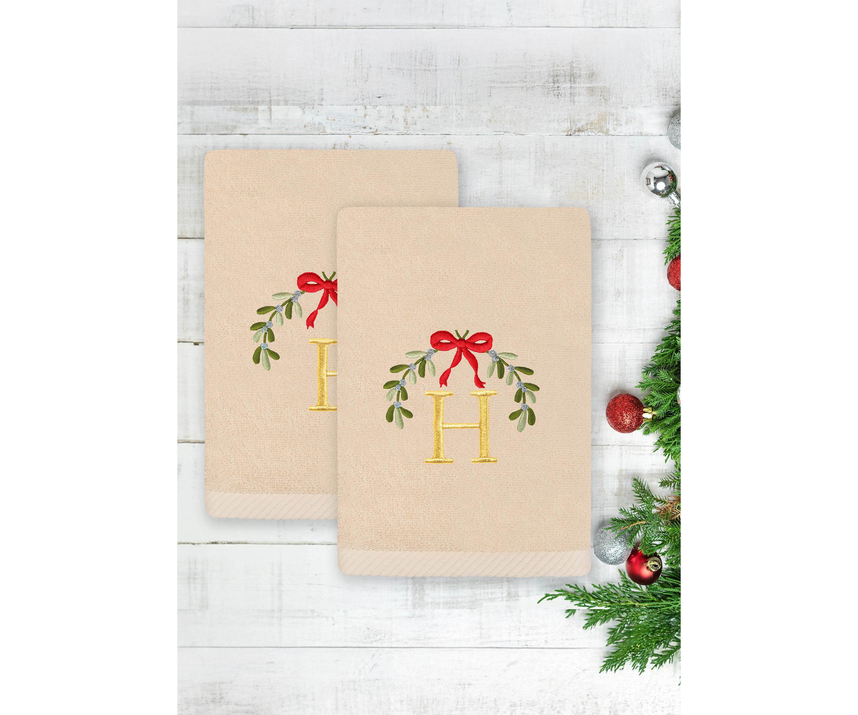 Christmas MISTLETOE MONOGRAM Hand Towels Set of 2