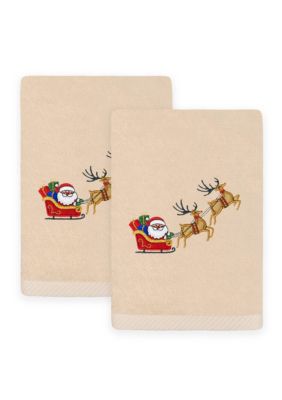 Linum Home Textiles Christmas SANTA'S SLED Hand Towels Set of 2, Sand