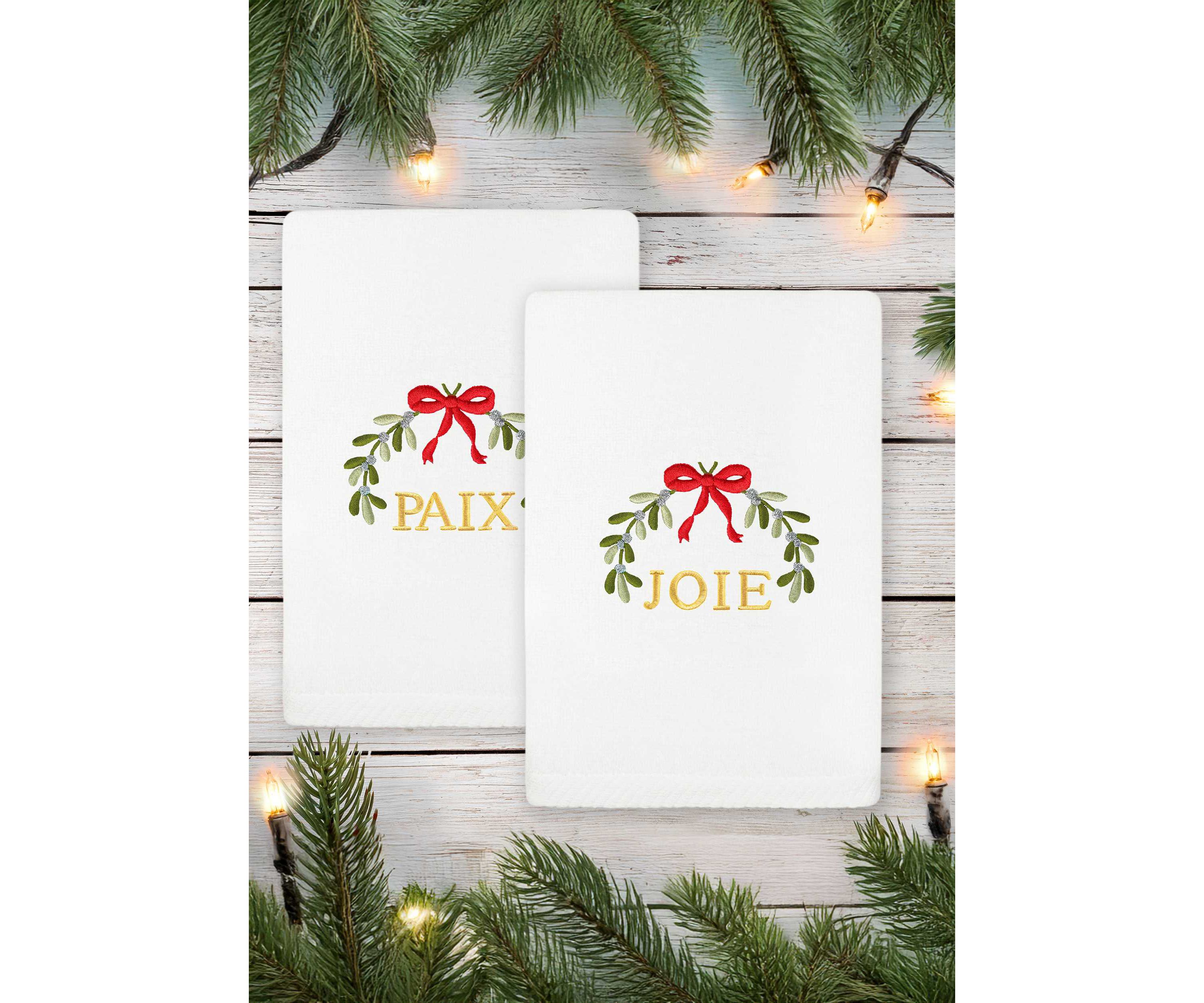 Christmas MISTLETOE PAIX & JOIE Hand Towels Set of 2