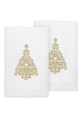 Linum Home Textiles Christmas Gold Tree Hand Towels Set of 2