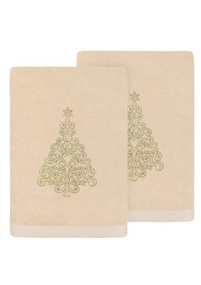 Linum Home Textiles Christmas Gold Tree Hand Towels Set of 2, Sand