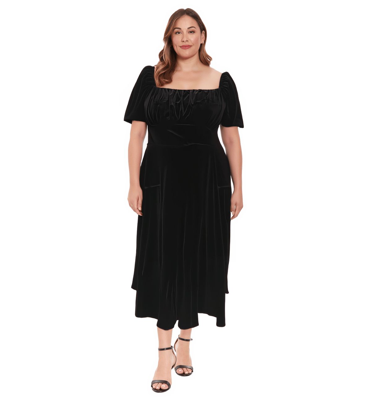 PUFF SLEEVE VELVET SMOCKED BACK MIDI