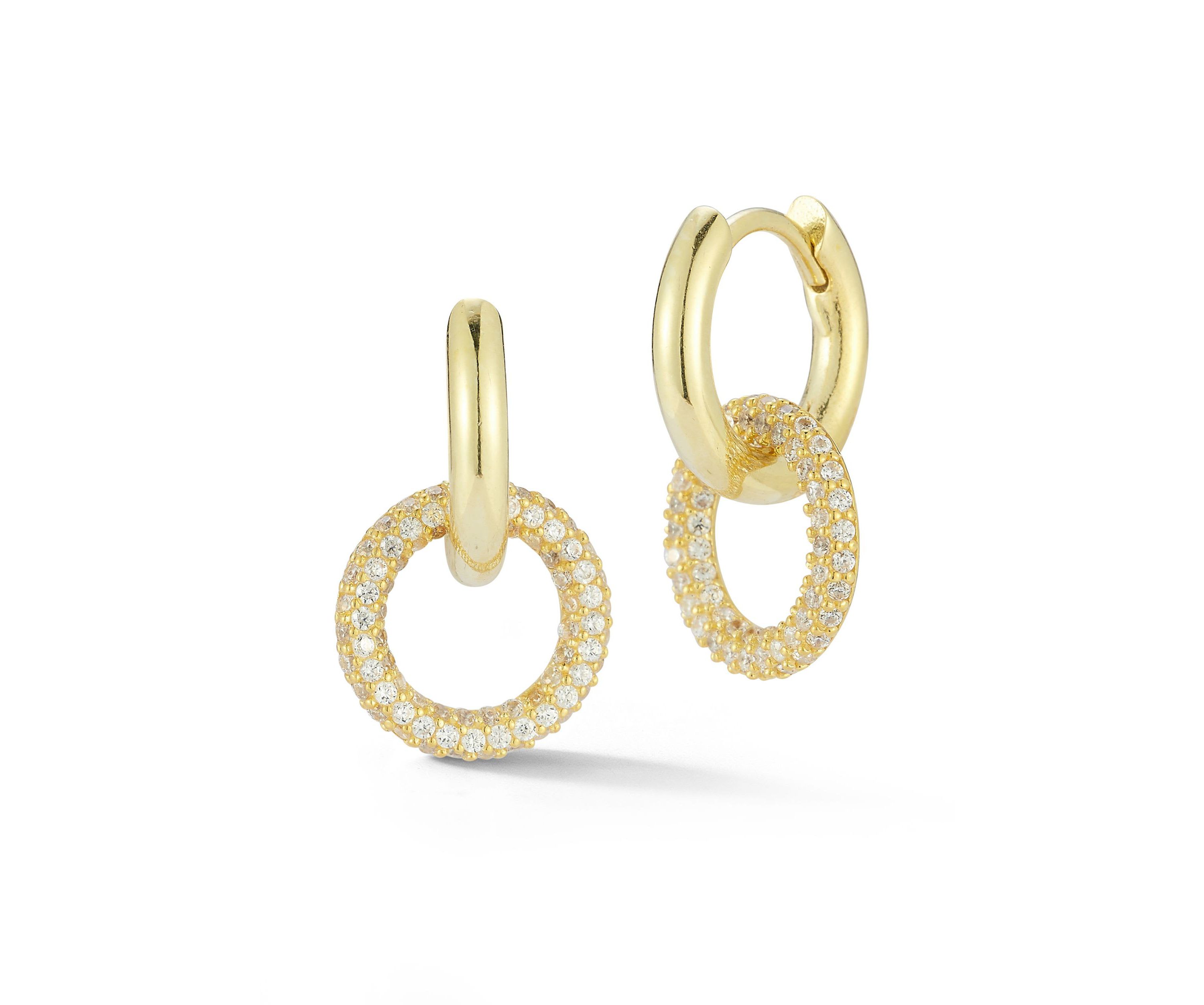 Sterling Silver Open Cubic Zirconia Pave Link Huggie Hoop Earrings