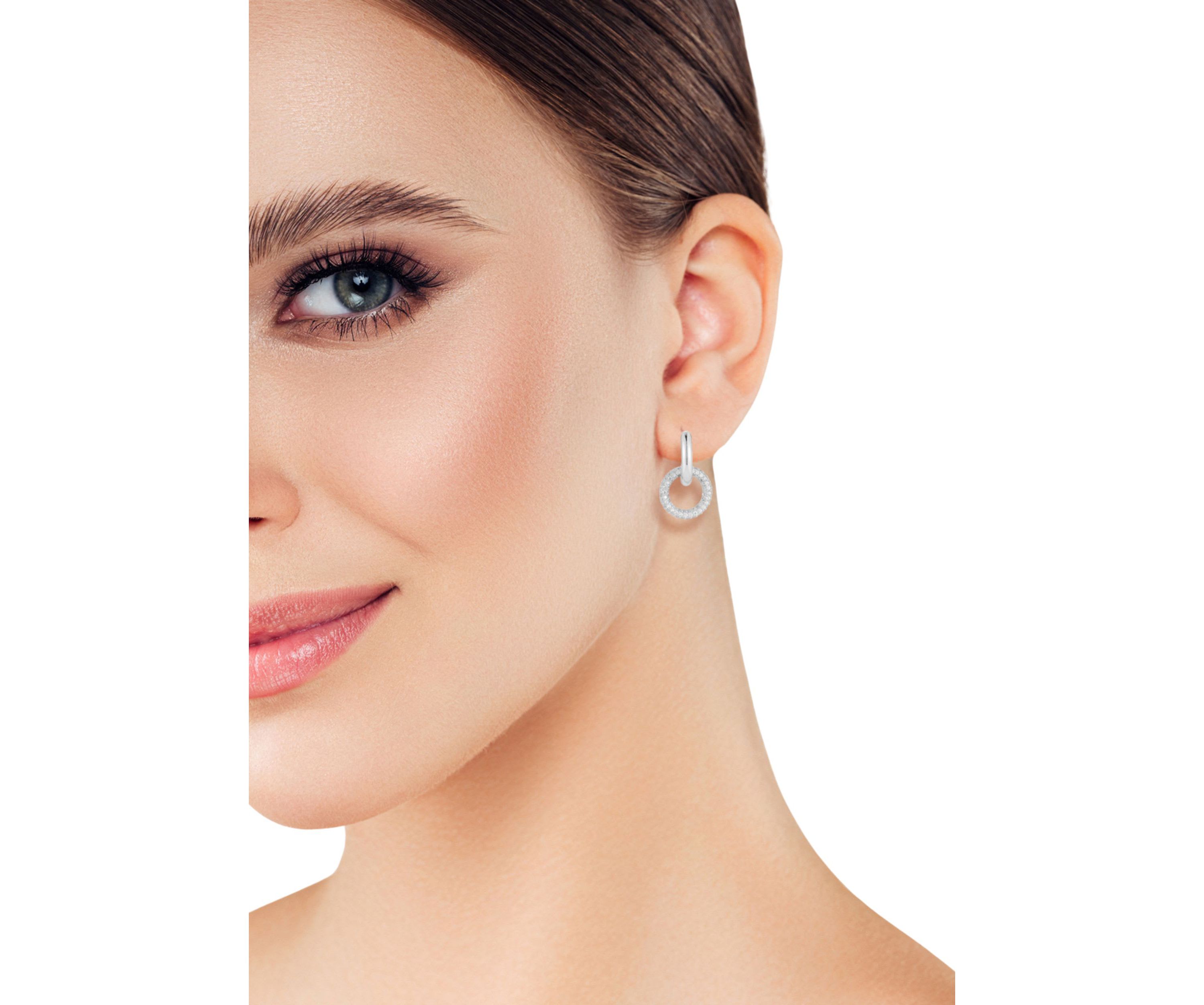 Sterling Silver Open Cubic Zirconia Pave Link Huggie Hoop Earrings