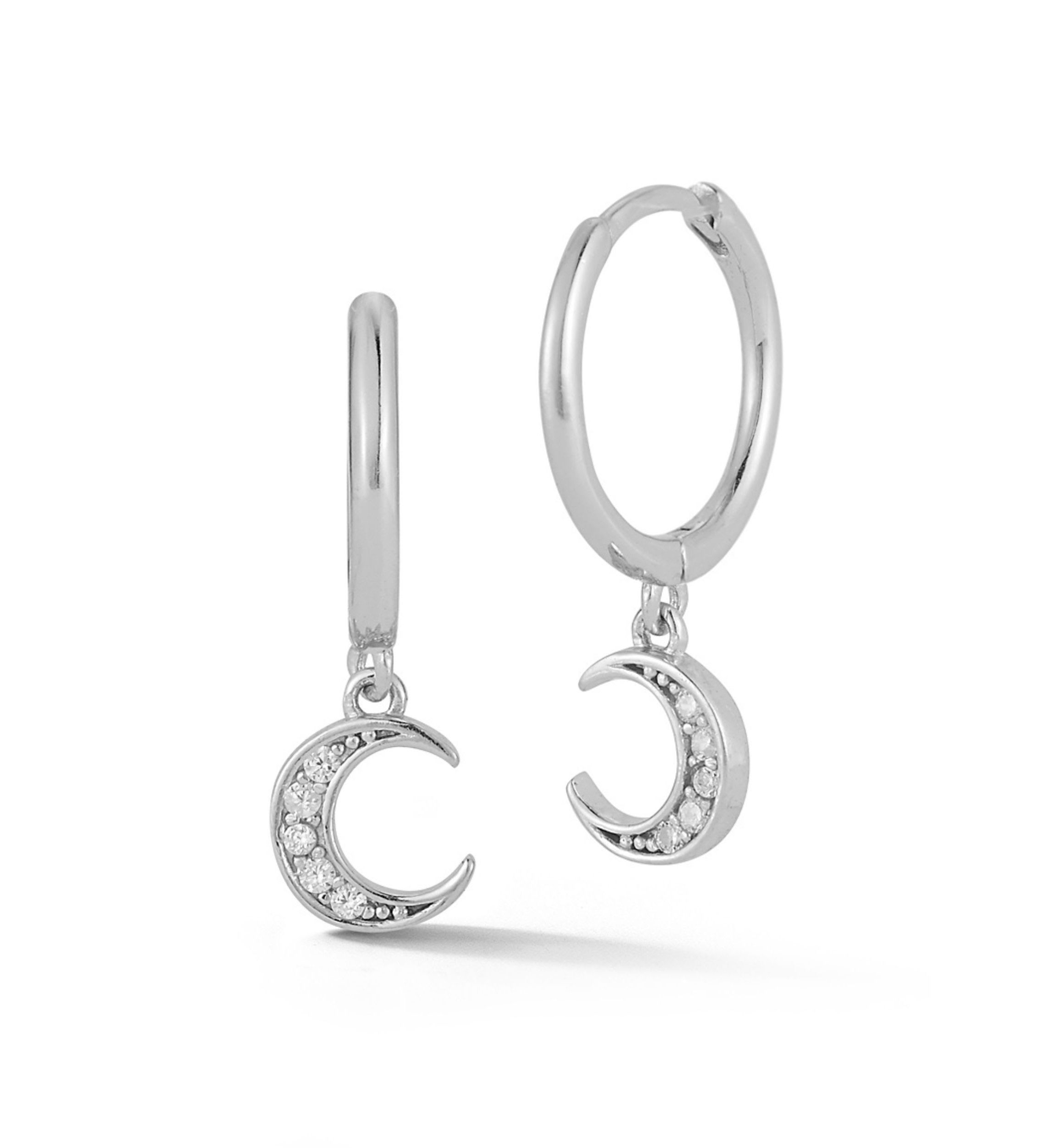 Sterling Silver Cubic Zirconia Moon Charm Huggie Hoop Earrings