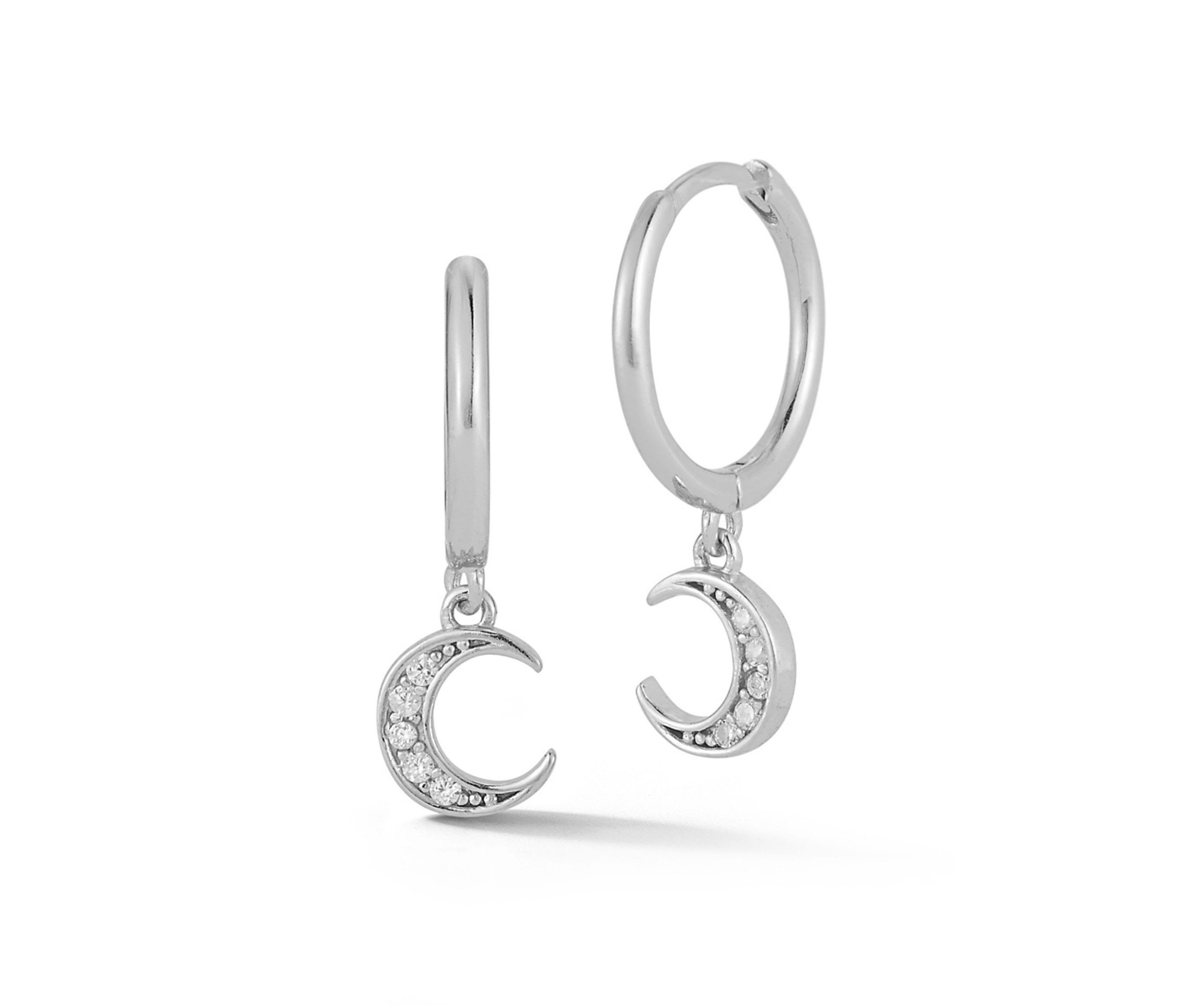 Sterling Silver Cubic Zirconia Moon Charm Huggie Hoop Earrings